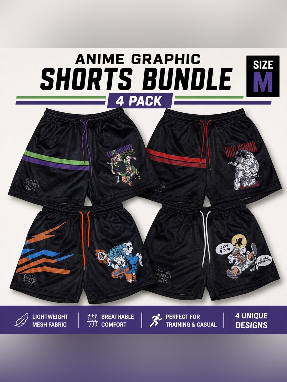 Anime Graphic Mesh Shorts 4-Pack Bundle Men’s Medium Gym Y2K